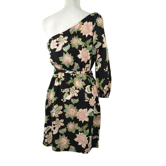 Who What Wear One Shoulder Long Sleeve Mini Dress Womens M Floral Elastic Waist - Picture 2 of 10